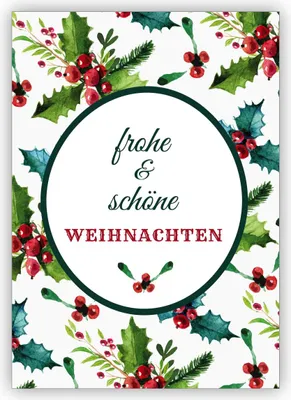Produktbild von Klassische edle Weihnachtskarte mit roten Beeren und Weihnachts Grün: frohe und schöne Weihnachten