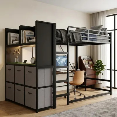 Productafbeelding van Flieks stapelbed 120 x 200 cm met ladder, eenpersoonsbed met stoffen lades en verlichting, hoogslaper met oplaadstation en opbergruimte, zwart, metaal, AI-gegenereerde afbeelding