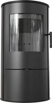 A black steel wood-burning stove with a glass door.