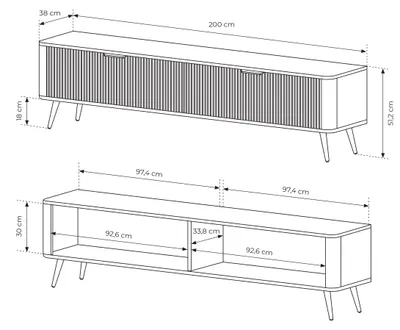 Produktbild von LATTE TV-Schrank 200 cm mit 2 Türen, schwarzer TV-Schrank für Wohnzimmer und Zimmer, moderne niedrige Kommode mit geriffelten Fronten, Farbe: Schwarz