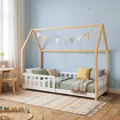 Obrázek produktu pro Dětská postel "Hesel" s ochranou proti vypadnutí, rozměry 90 x 200 cm, borovicové dřevo, bílá/přírodní barva