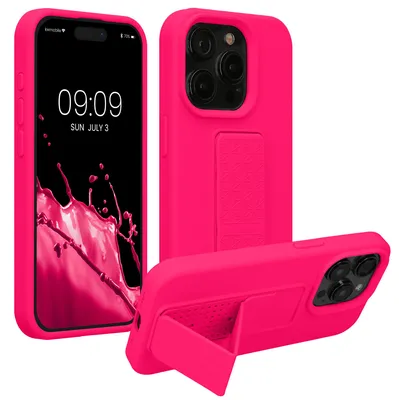 Produktbild von kwmobile Handyhülle für Apple iPhone 15 Pro Hülle - TPU Silikon Case mit Fingerhalter und Stand - Schutzhülle Cover in Neon Pink