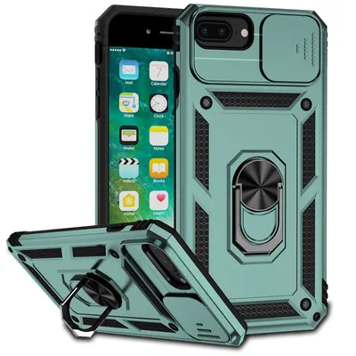 Immagine prodotto di Custodia per iPhone 8 Plus/7 Plus/6 Plus/6s Plus a doppio strato con cover fotocamera scorrevole e supporto ad anello verde