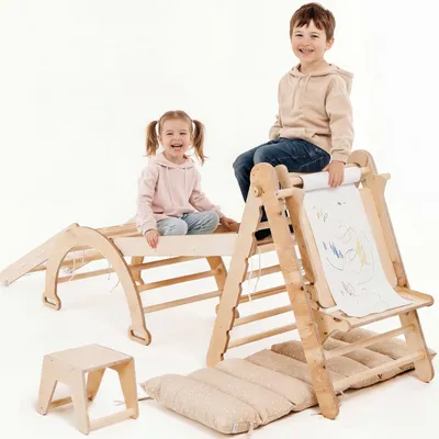 Image de Structure d'escalade d'intérieur extra-large 6-en-1 pour tout-petits, aire de jeux en bois Montessori, échelle triangulaire, arceau, rampe d'escalade, filet, coussins et kit artistique (1 à 5 ans)