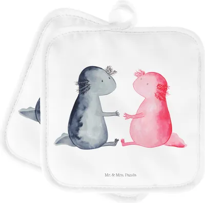 Produktbild von Mr. & Mrs. Panda 2er Set Topflappen  Axolotl Liebe - Weiß - Geschenk, Kochlappen, topfhalter, Topfuntersetzer, Paar, glücklich, Topflappenset