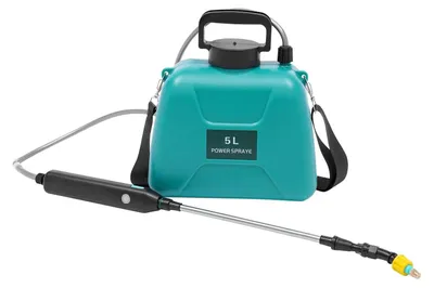 Obrázek produktu pro Elektrická zahradní postřikovačka – akumulátorový tlakový postřikovač – nádrž 5 l – včetně akumulátoru Li-Ion 2400 mAh – nabíjení přes USB – doba provozu 2 hodiny – teleskopická tryska 60 cm – hadice 1,2 m – zelená barva