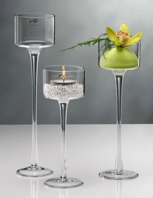 Produktbild von 3 Größen, Teelichthalter auf Fuß, Glas, H. 15-20-25cm D. 9cm rund Sandra Rich