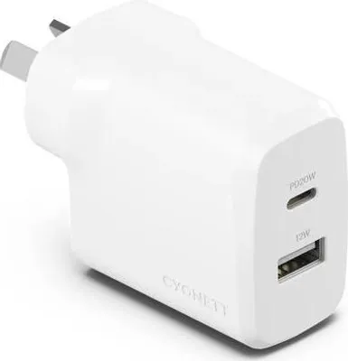 Imagen del producto de Cargador Cygnett PowerPlus de 2 puertos (32W) – Diseño de doble conexión para cargar dispositivos simultáneamente – Compacto y portátil – Compatible con dispositivos USB-C