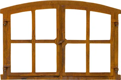 A rustic, rusty metal window frame with multiple panes, presented against a white background.