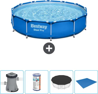 Obrázek produktu pro Kulatý bazén Bestway Steel Pro - 366 x 76 cm - modrý - včetně čerpadla - filtrace - krytu - plachty