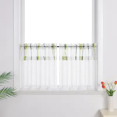 Produktbild von Joyswahl 2er Set Scheibengardine Voile Bistrogardine Küche Gardinen Kurztores mit grün gestreiftem Patchworkmuster Landhausstil Weiß BxH 90x45 cm