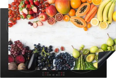 Produktbild von KitchenYeah© Herdabdeckplatte Obst - Regenbogen - Erdbeere - Weintrauben - Papaya , 80x52cm, Küche Deko, Glaskeramikkochfeld Herdabdeckung, Abdeckplatte fùr Kochfeld