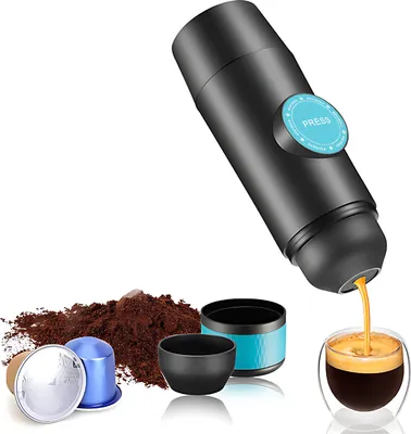 Zdjęcie produktu dla Przenośny elektryczny ekspres do kawy espresso, bezprzewodowe podgrzewanie, mini ekspres do kawy na dwie porcje, z pojemnikiem 2 w 1 na kawę w proszku/kapsułkach, ciśnienie pompy 15 bar, automatyczny proces parzenia, wbudowany akumulator 2000 mAh