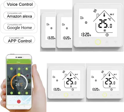 A collage of images showing smart thermostats and a smartphone app interface for controlling them, along with text highlighting compatibility features.