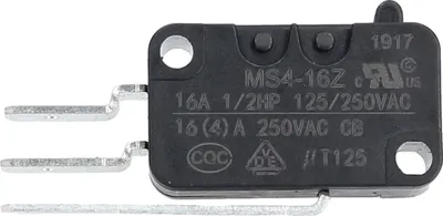 A close-up studio shot of a black and silver microswitch.