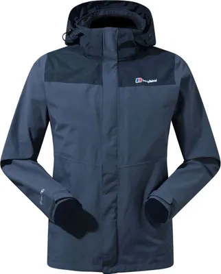 Hardshelljacke "Hillwalker InterActive Shell Jacket" von Berghaus in Dunkelgrau mit Kapuze und elastischen Ärmelbündchen.