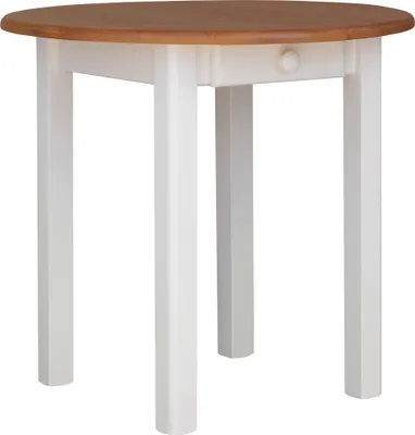 Produktbild von Weißer Runder Tisch mit Schublade aus massivem Kiefernholz mit Tischplatte in der Farbe Alder 90 cm