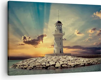 Produktbild von Bild auf Leinwand - Leinwandbild - Leuchtturm Wasser Meer Steine - 70x50cm - Wand Bild - Wanddeko - Leinwanddruck - Bilder - Kunstdruck - Wanddekoration - Leinwand bilder - Wandkunst - AA70x50-2895