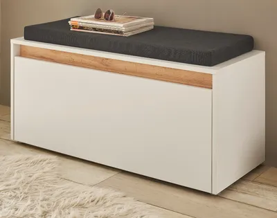 A modern white storage bench with a wood accent and a dark gray cushion, placed on a light wooden floor with a fluffy rug.