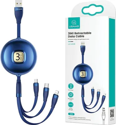 Produktbild von Usams Kabel U69 3W1 1M Blau/Blau (Lightning/Microusb/Usb-C) Sj508Usb02 (Us-Sj508)