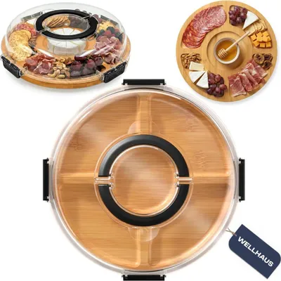 Image de Plateau à fromage WELLHAUS en bambou avec couvercle – Plateau portable pour fromages et entrées, idéal pour les pique-niques