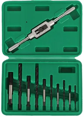 Produktbild von Set für das Entfernen von beschädigten Schrauben, enthält Bohrer, Schraubenzieher, Schraubendreher und Schraubendrehwerkzeug.