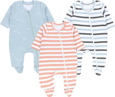 Produktbild von TupTam Baby Unisex Schlafstrampler Mädchen Schlafanzug mit Fuß Jungen Spieler 3er Pack, Farbe: Streifen/Grau, Größe: 74