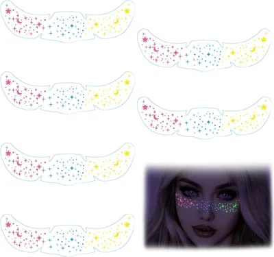 Image de Autocollants temporaires pour tatouage "Sproeten", 6 feuilles, phosphorescents, avec paillettes tricolores, parfaits pour les festivals