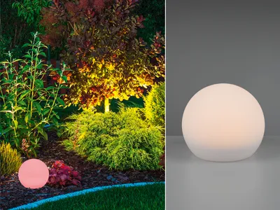 A split image showing a garden illuminated by outdoor lights on the left and a close-up of a spherical outdoor light on the right.