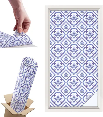 Zdjęcie produktu dla Folia witrażowa do okien - 100x50 cm - Folia witrażowa, dekoracyjna i nieprzezroczysta - Samoprzylepna folia dekoracyjna do szkła w witrażowym wzorze - Ochrona UV, łatwa w montażu, dekoracja okien - Niebieskie płytki