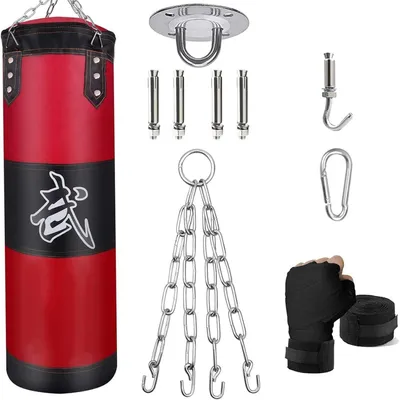 Productafbeelding van Boxzakset, ongevuld, 120 cm, rood, met boxhandschoenen en ophangklemmen voor vechtsport