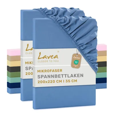 Produktbild von Lavea® 2er Set Spannbettlaken 200x220 cm aus Mikrofaser, Bettlaken mit Rundumgummi, für Matratzen bis 35 cm, atmungsaktiv und kühlend - Himmelblau