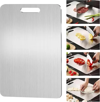 Produktbild von Titan Schneidebrett, Edelstahl Schneidebrett, Doppelseitiges Lebensmittel Grade, Edelstahl S304, BPA-frei, für Fleisch, Brot, Gemüse, Obst Schneiden (20 x 29 cm)