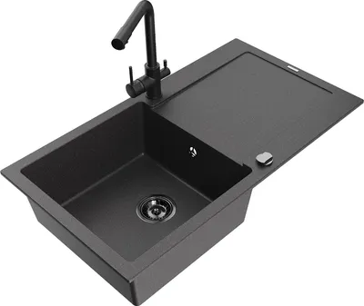 Produktbild von Mexen Leo 1 Becken-Granitspüle mit Abtropffläche und Mischbatterie Duero, Schwarz gesprenkelt - 6501-76-671600-70-B