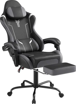 Obrázek produktu pro LARS360 Černo-šedá herní židle. Ergonomická kancelářská židle s masážní bederní opěrkou, opěrkou hlavy a podnožkou. Výškově nastavitelná. Pohodlná herní židle s velurovým potahem
