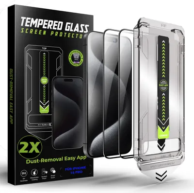 A product shot of an iPhone 16 Pro screen protector packaging, showing the box, multiple screen protectors, and an application tool.