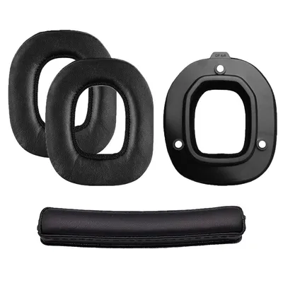 A set of black replacement parts for headphones, including ear pads, a headband, and a microphone foam cover, laid out on a white background.
