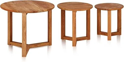 Imagen del producto de Conjunto de 3 mesas auxiliares de madera maciza de roble, con acabado en aceite y tablero redondo