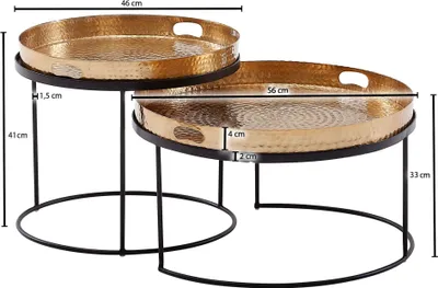 Obrázok produktu pre FineBuy Sada 2 ks konferenčných stolíkov, kovové, zlaté, s povrchovou úpravou „hammered“, okrúhle, odnímateľný podnos, stolík k pohovke, 2-dielny, okrúhly pomocný stolík