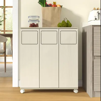 Image de Meuble à poubelles à 3 compartiments Meuble de cuisine à roulettes, aspect bois clair Meuble de tri des déchets à 3 portes Roulettes blanches Pour la cuisine et la salle à manger 69,3 x 35 x 80 cm