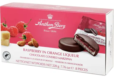 Image de Anthon Berg Framboise à la liqueur d'orange Pâtes d'amandes 220g