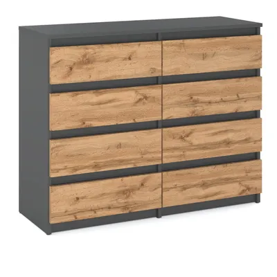 A modern, gray dresser with eight wood-effect drawers.