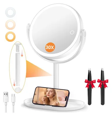 Image de Miroir grossissant 30x avec éclairage, miroir de maquillage rechargeable de 9 pouces