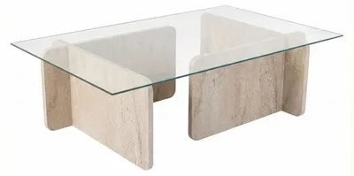 Image de Table basse de salon en verre trempé et bois MDF mélaminé travertin 105 x 65 x 30 cm