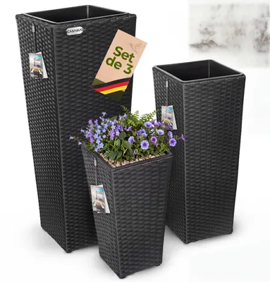 Image de Set de 3 pots de fleurs polyrotin noir cache-pot pot intérieur évacuation eau extérieur intérieur bac à fleurs jardinière