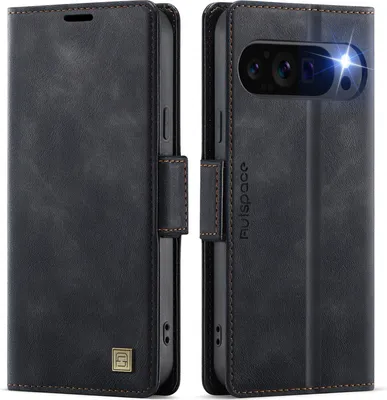A black leather flip case for a smartphone is shown from the front and back.