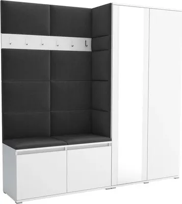 Produktbild von Garderoben-Set Noris IV mit Spiegel, gepolsterte Garderobe mit Sitzbank, Wandpaneelen und Stauraum (Farbe: Weiß + Trinity 15)