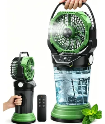 Produktbild von Tragbarer Sprühventilator - Tischventilator mit Wassertank - 120° oszillierend - RGB-Licht - Fernbedienung - 3/4 Geschwindigkeiten - Grün