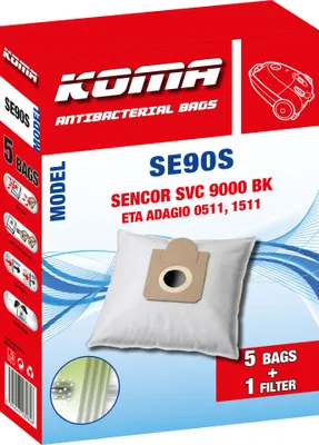 The image shows the packaging for KOMA SE90S antibacterial vacuum cleaner bags.