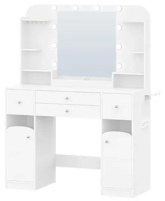 Productafbeelding van Make-uptafel met spiegel - Kaptafel - LED-verlichting - Stopcontact - Föhnhouder - 4 lades - Sieradenopslag - Wit